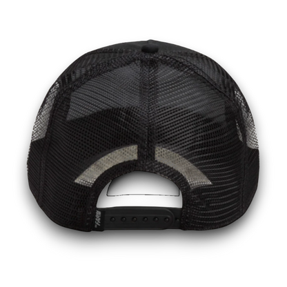Rafter M Hat Company black trucker hat with mesh back and adjustable snap closure.