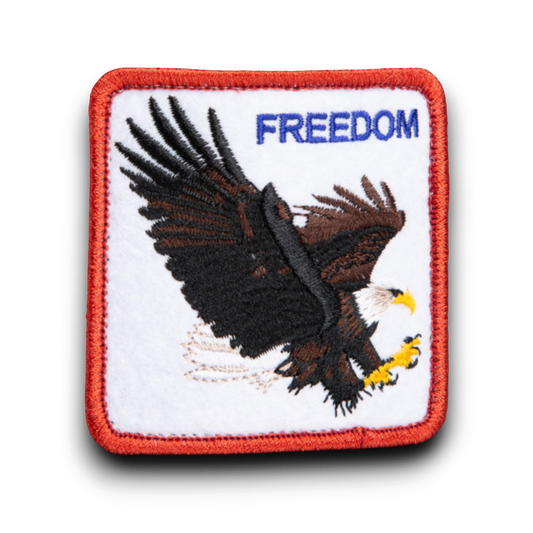 Rafter M Hat Company black trucker hat patch with embroidered eagle and "FREEDOM" text. alternate view