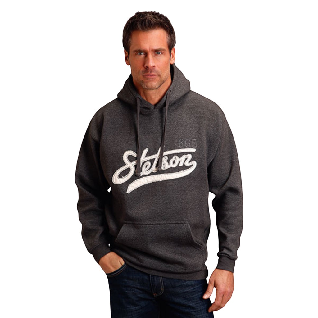Moon Ridge charcoal grey cotton blend hoodie with white Stetson 1865 applique logo and front pocket.