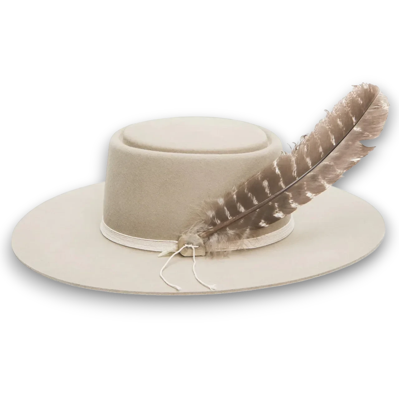 Rafter M Hat Company beige 6X fur felt cowboy hat with cattleman crown, wide brim, and feather detail.