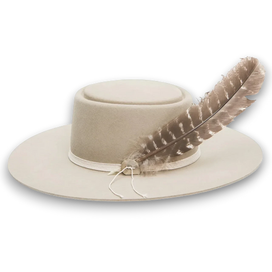 Rafter M Hat Company beige 6X fur felt cowboy hat with cattleman crown, wide brim, and feather detail. alternate view
