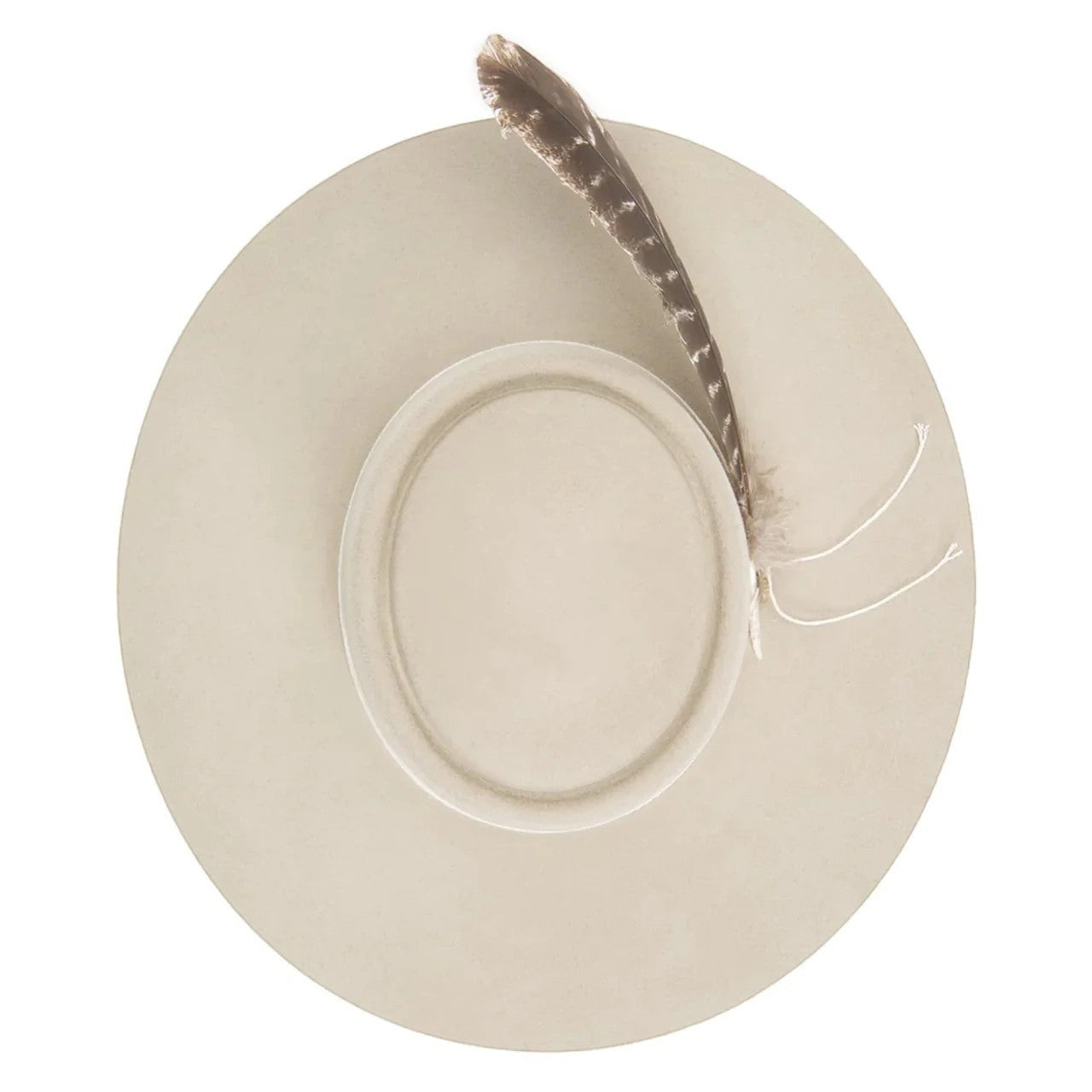 Rafter M Hat Company light tan 6X fur felt cowboy hat with cattleman crown, wide brim, and feather accent.