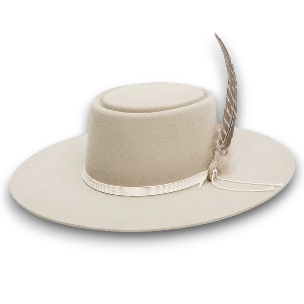 Rafter M Hat Company Batterson cowboy hat in light tan 6X fur felt with a cattleman crown, wide brim, and feather accent.