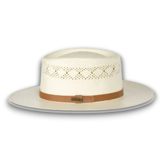 Rafter M Hat Company Stetson Brentwood gambler hat in white shantung straw with a diamond pattern eyelet band and tan leather hatband. alternate view