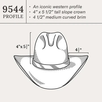 Rafter M Hat Company STETSON BROKEN BOW 10X straw Gus cowboy hat with 4" front, 5 1/2" back crown and 4 1/2" brim.