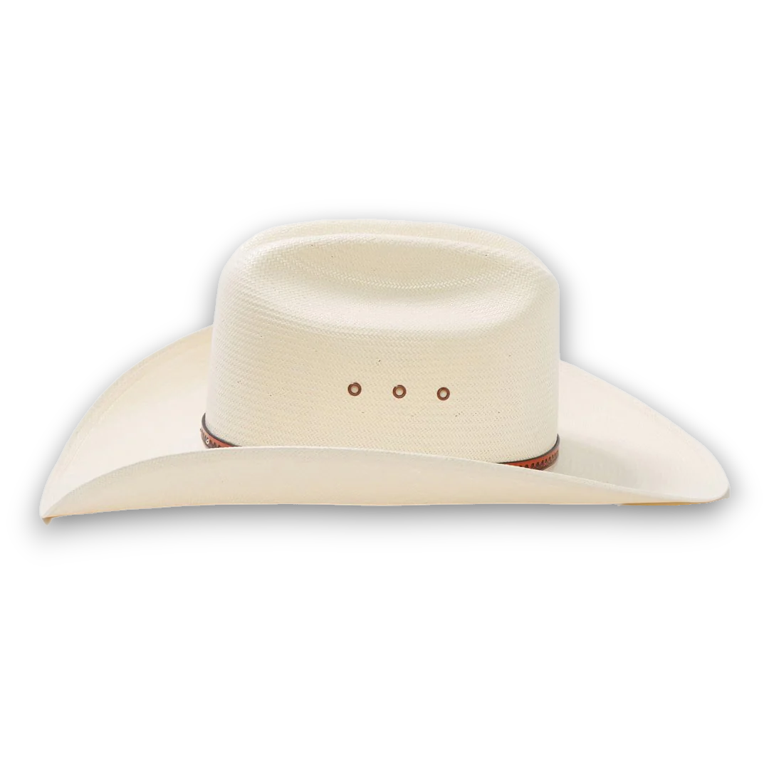 Rafter M Hat Company Stetson Haywood 10X straw cowboy hat with teardrop crown and wide brim in natural.