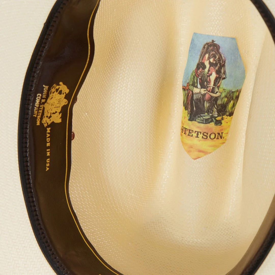 Rafter M Hat Company Stetson Haywood straw hat with teardrop crown and wide brim. Features a classic hatband and is made in the USA.