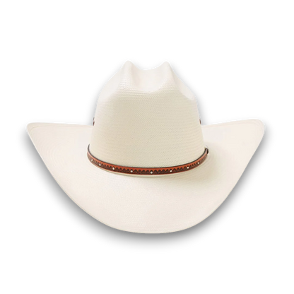 Rafter M Hat Company Stetson Haywood white straw cowboy hat with teardrop crown, wide brim, and decorative leather hatband.