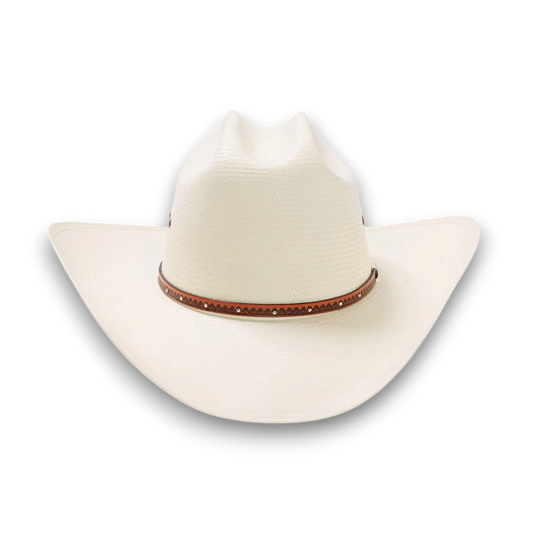 Rafter M Hat Company Stetson Haywood white straw cowboy hat with teardrop crown, wide brim, and decorative leather hatband. alternate view