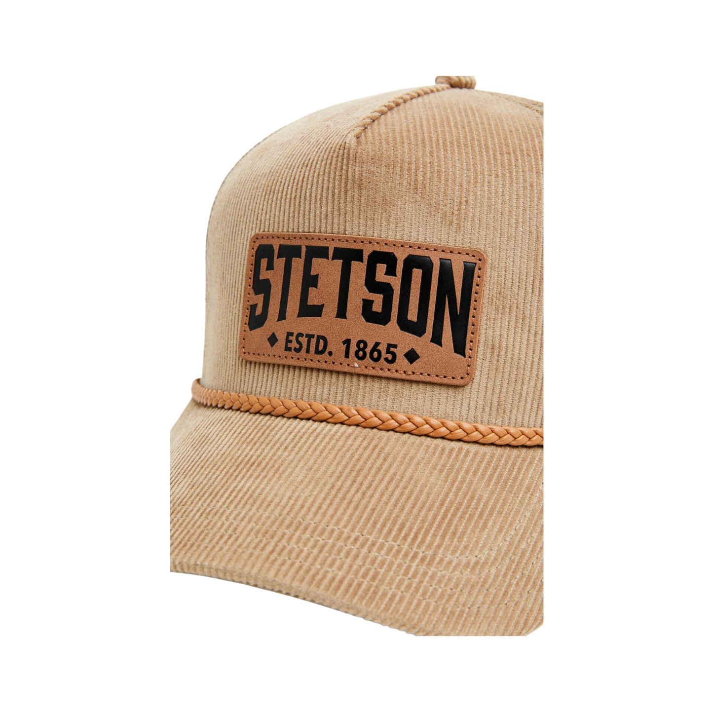 Rafter M Hat Company brown and tan trucker ball cap with Stetson leather patch and rope detail. 60% cotton, 40% polyester.