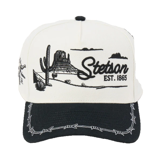 Rafter M Hat Company Stetson trucker hat with embroidered desert landscape, cacti, mesas, and barbed wire brim. White and black.