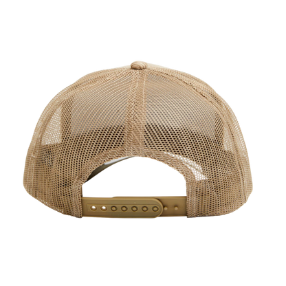 Rafter M Hat Company tan corduroy trucker cap with Stetson leather patch and braided rope detail.