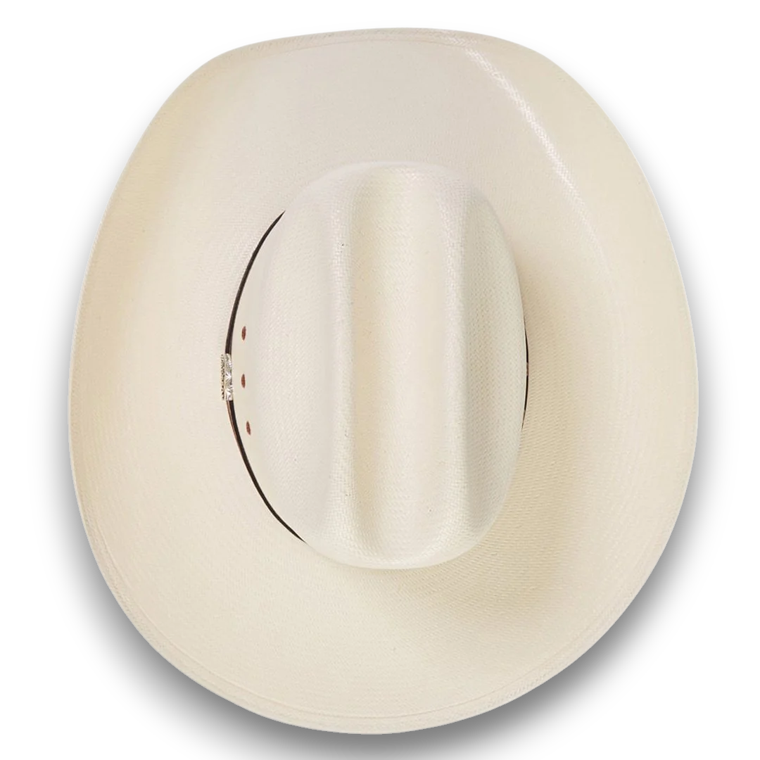 Rafter M Hat Company white straw cowboy hat with teardrop crown and wide brim.