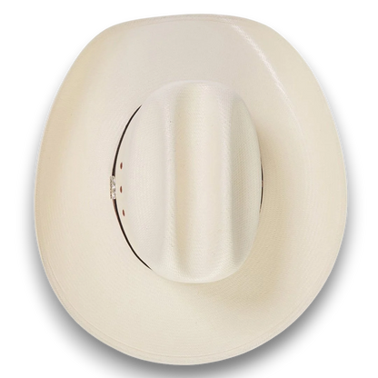 Rafter M Hat Company white straw cowboy hat with teardrop crown and wide brim.