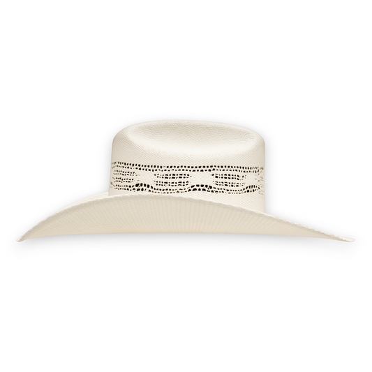 Rafter M Hat Company white straw cowboy hat with vented crown and decorative band. 4 1/4" brim. alternate view
