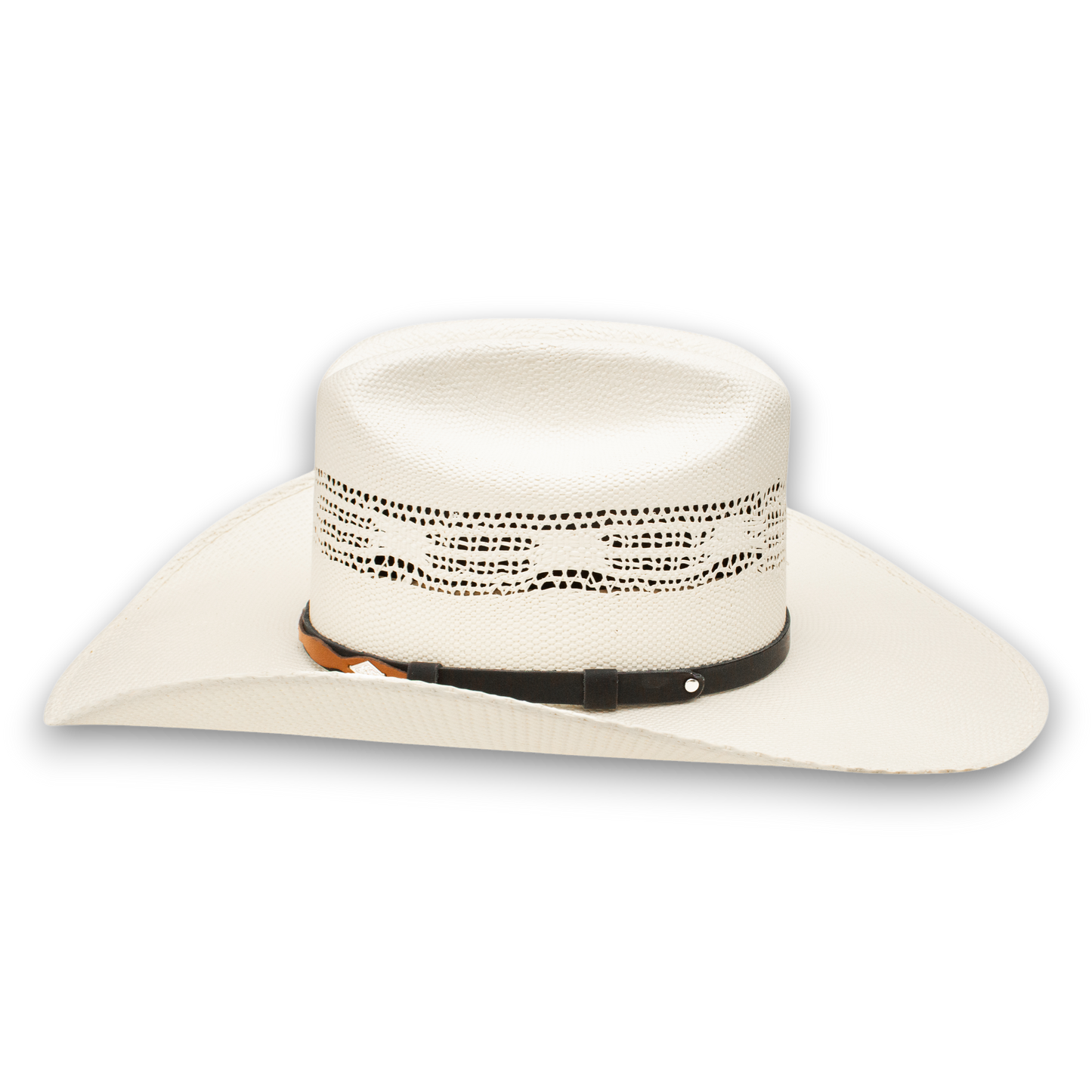 Moon Ridge white straw cowboy hat with vented crown and black band with silver conchos. 4 1/4" brim.