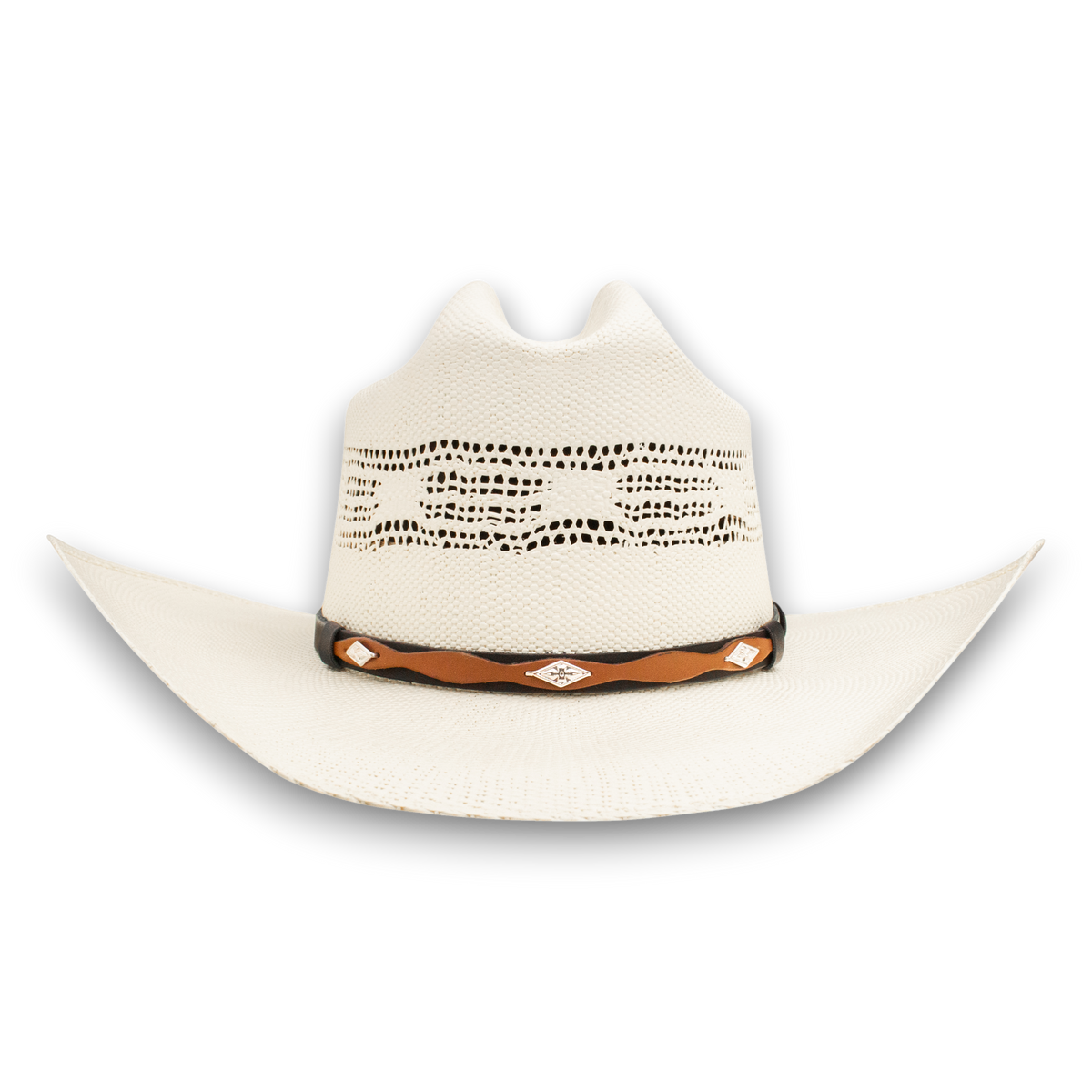 Moon Ridge white straw cowboy hat with vented crown and decorative leather band with silver conchos.