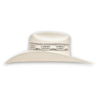 Moon Ridge white straw cowboy hat with vented crown and decorative band. 4 1/4" brim.