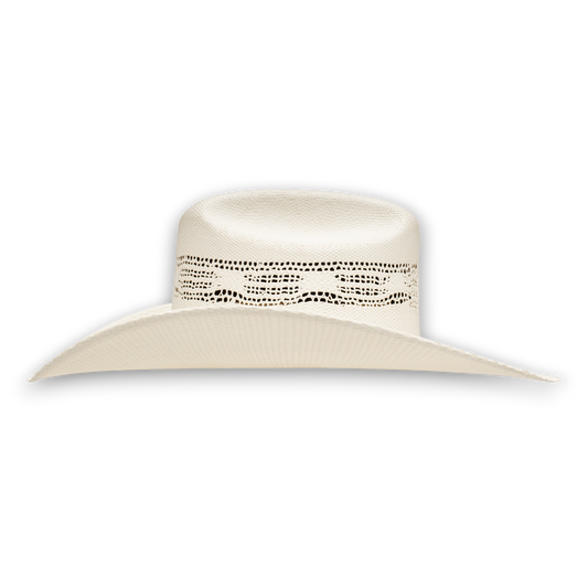 Rafter M Hat Company white straw cowboy hat with vented crown and decorative band. 4 1/4" brim. alternate view