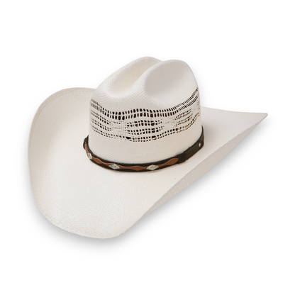 Rafter M Hat Company white straw cowboy hat with vented crown and black/brown band with silver conchos. 4 1/4" brim.