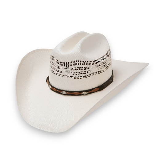 Rafter M Hat Company white straw cowboy hat with vented crown and black/brown band with silver conchos. 4 1/4" brim.
