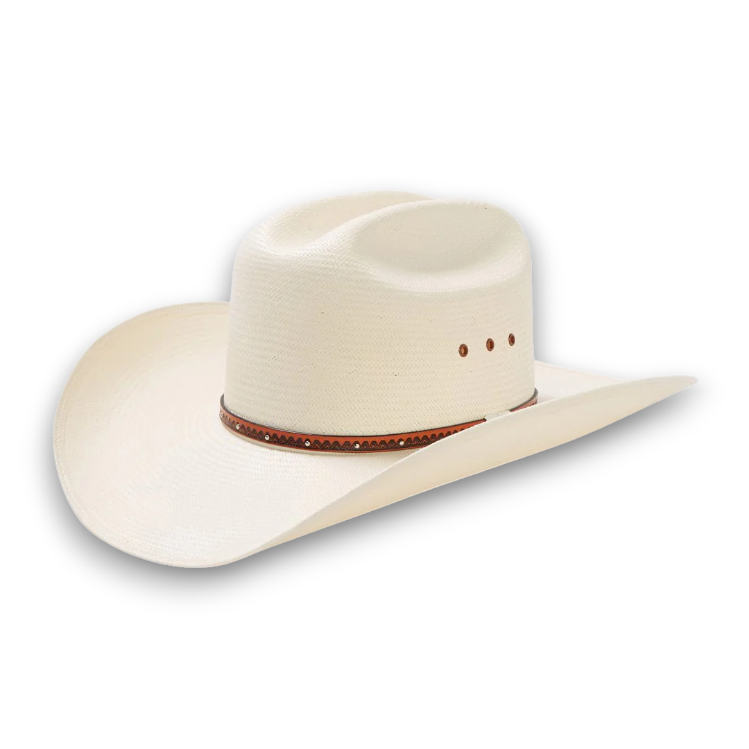 Rafter M Hat Company white straw cowboy hat with teardrop crown, wide brim, and decorative leather hatband.