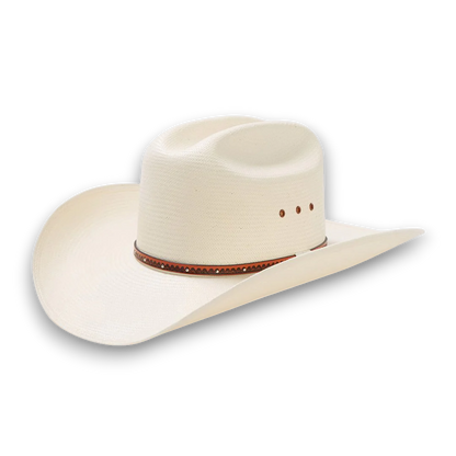 Rafter M Hat Company white straw cowboy hat with teardrop crown, wide brim, and decorative leather hatband.