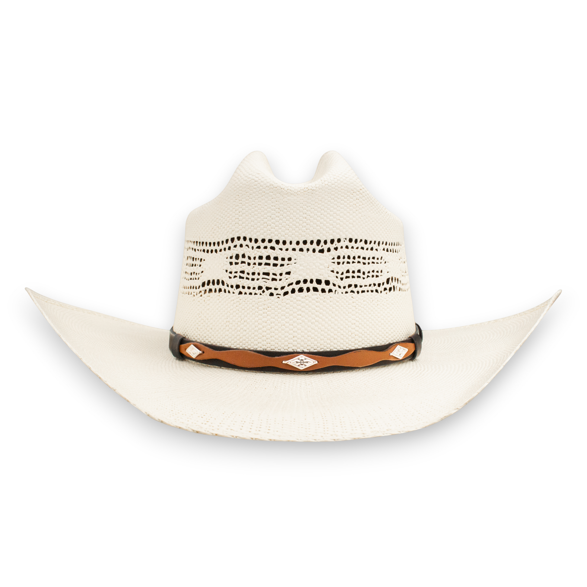Rafter M Hat Company white straw cowboy hat with vented crown and decorative leather band with silver conchos.