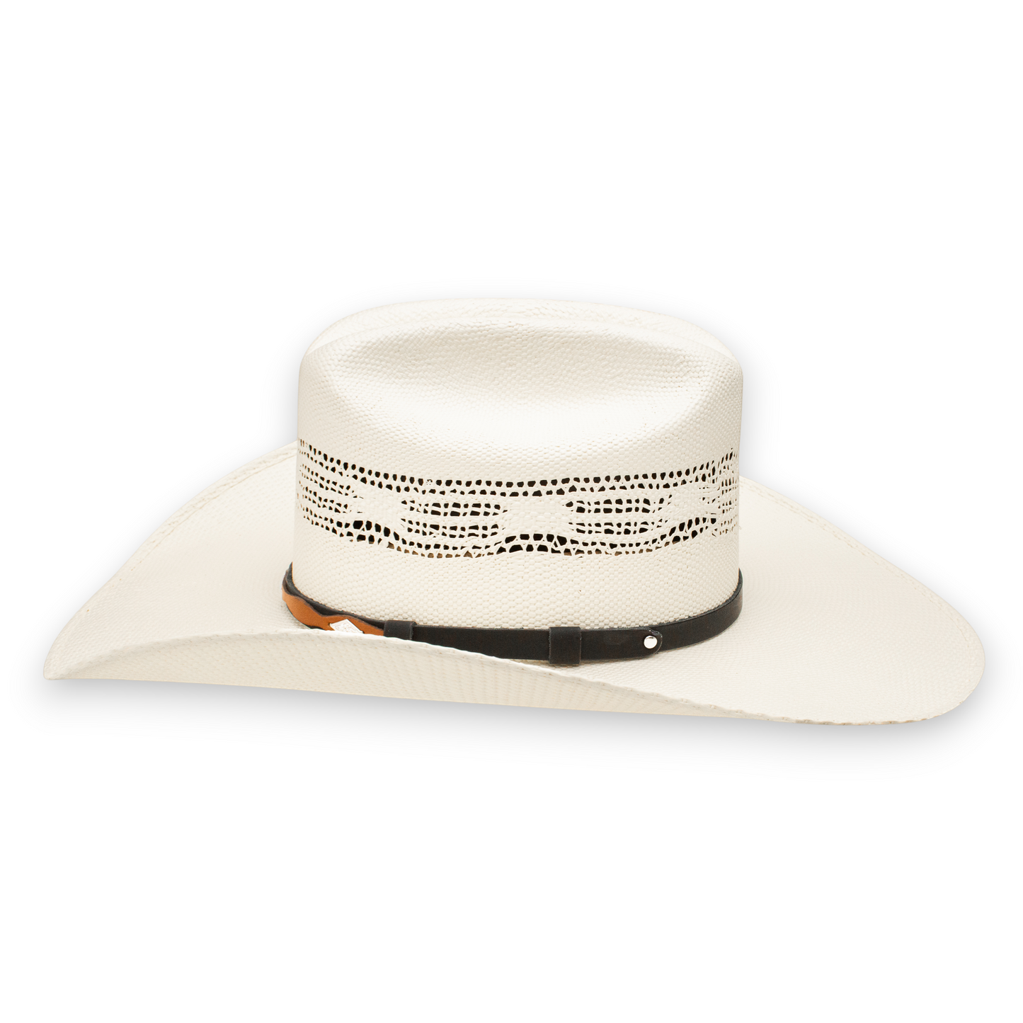 Rafter M Hat Company white straw cowboy hat with vented crown and black band with silver conchos. 4 1/4" brim.