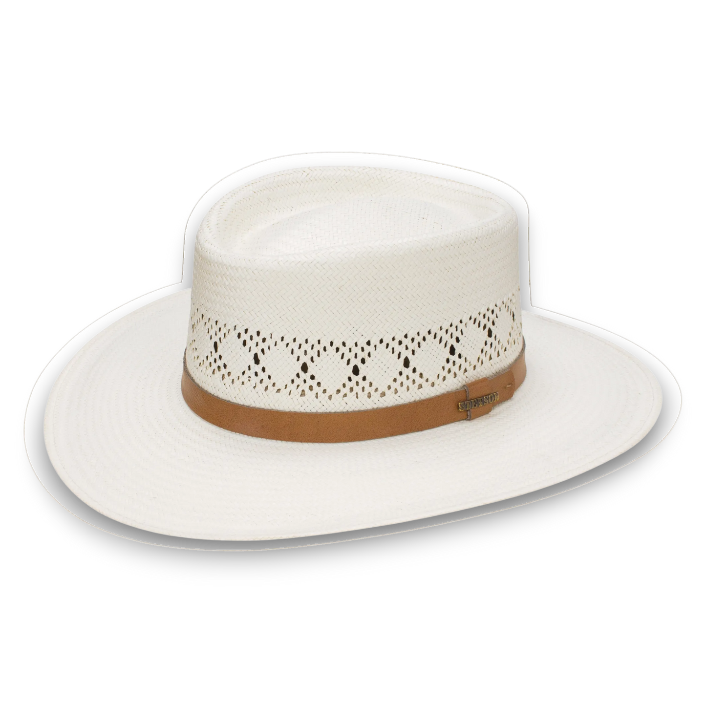 Rafter M Hat Company white shantung straw gambler hat with vented crown and leather band
