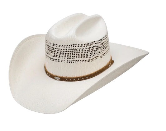 Rafter M Hat Company natural white 20X straw western hat with vented crown and brown leather studded band.
