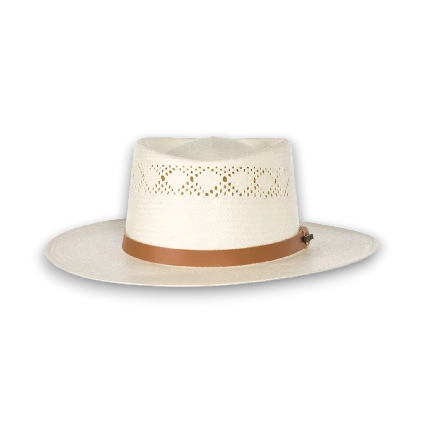 Rafter M Hat Company Stetson Brentwood gambler hat in natural shantung straw with a vented crown and leather band.