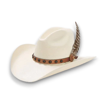 Rafter M Hat Company STETSON BROKEN BOW white 10X straw Gus cowboy hat with leather band and feather accent.