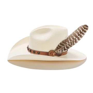 Rafter M Hat Company STETSON BROKEN BOW white 10X straw Gus cowboy hat with leather band, studs, and feather accent.