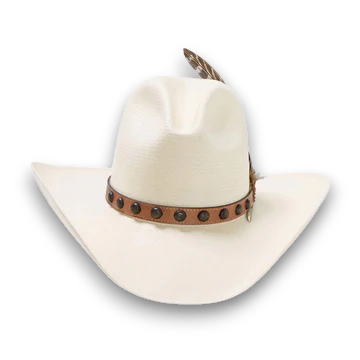 Rafter M Hat Company STETSON BROKEN BOW white 10X straw cowboy hat with Gus crown, leather band, and feather accent. alternate view