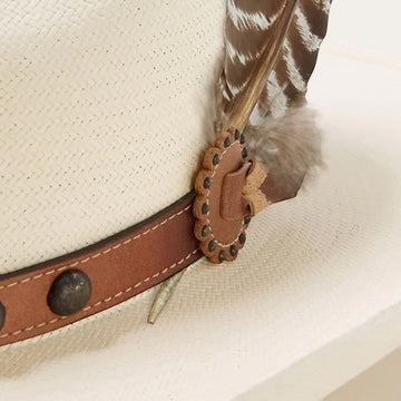 Rafter M Hat Company Stetson Broken Bow 10X straw Gus crown hat with leather band and feather detail.