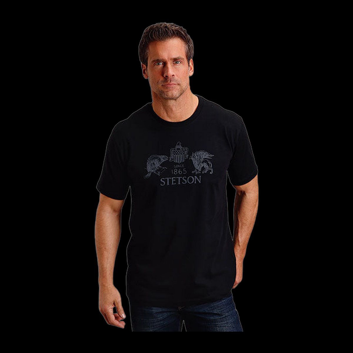 Stetson Beaver & Eagle black crew neck t-shirt with crest graphic, front view