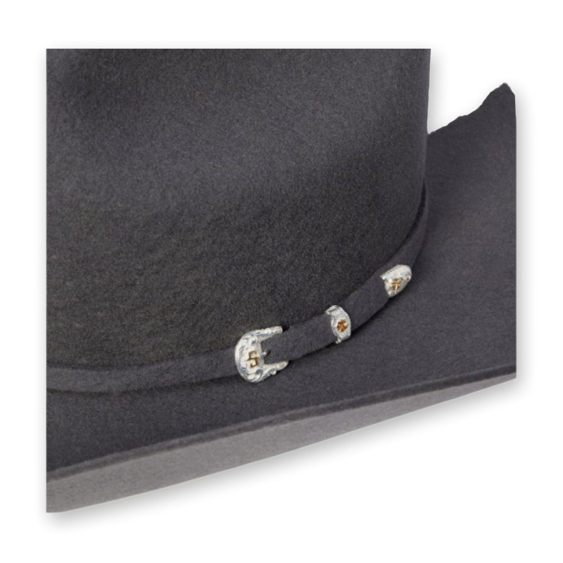 Stetson Brenham 4X cowboy hat in granite grey, detail of silver buckle set