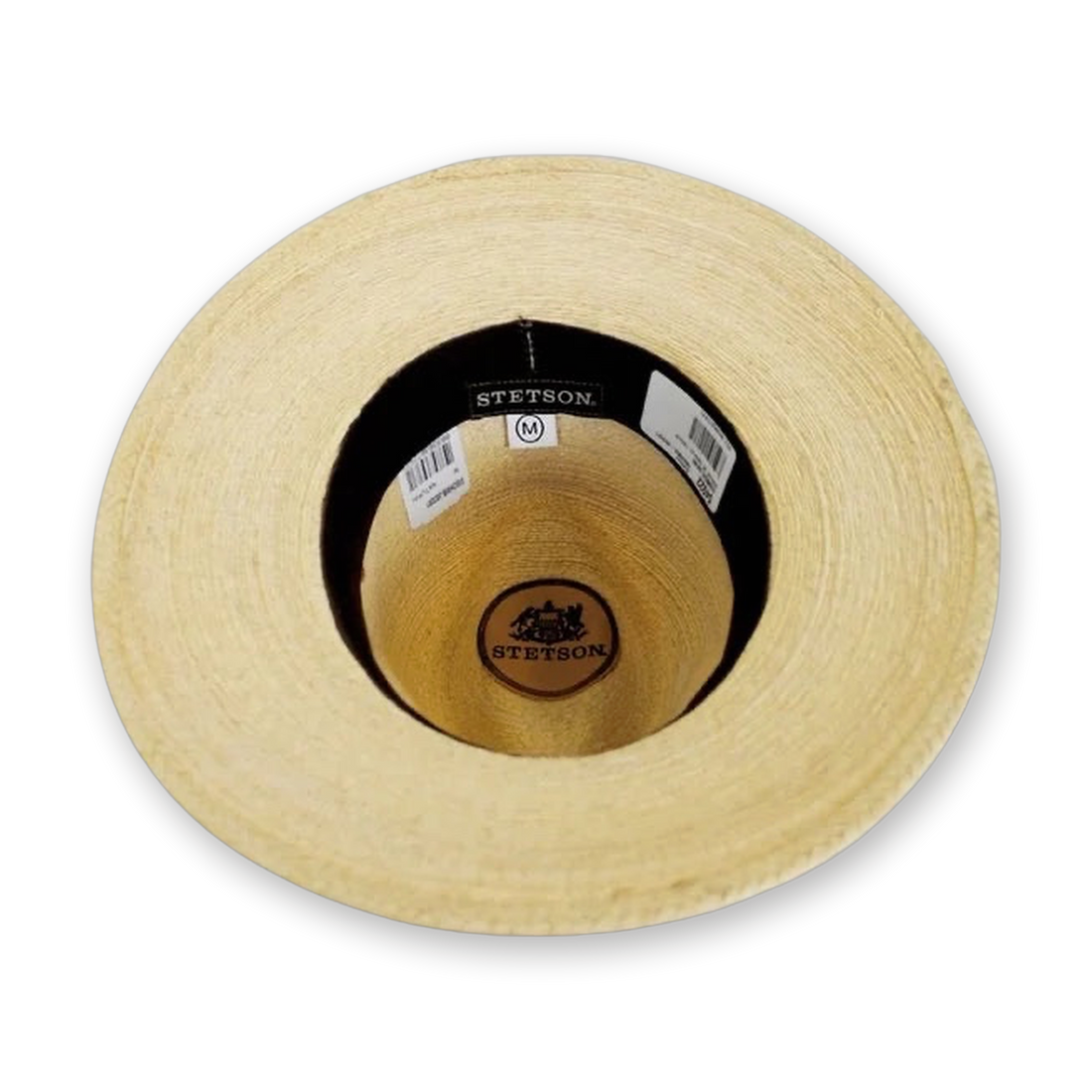 Stetson Chambers palm leaf hat in natural, interior with Stetson label