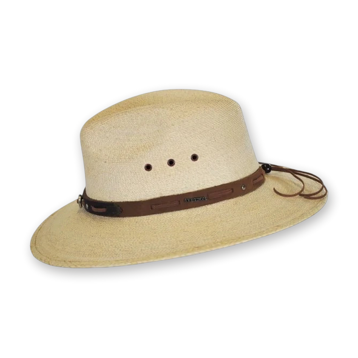 Stetson Chambers palm leaf hat in natural, side view with chin cord