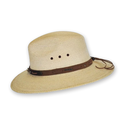 Stetson Chambers palm leaf hat in natural, side view with chin cord