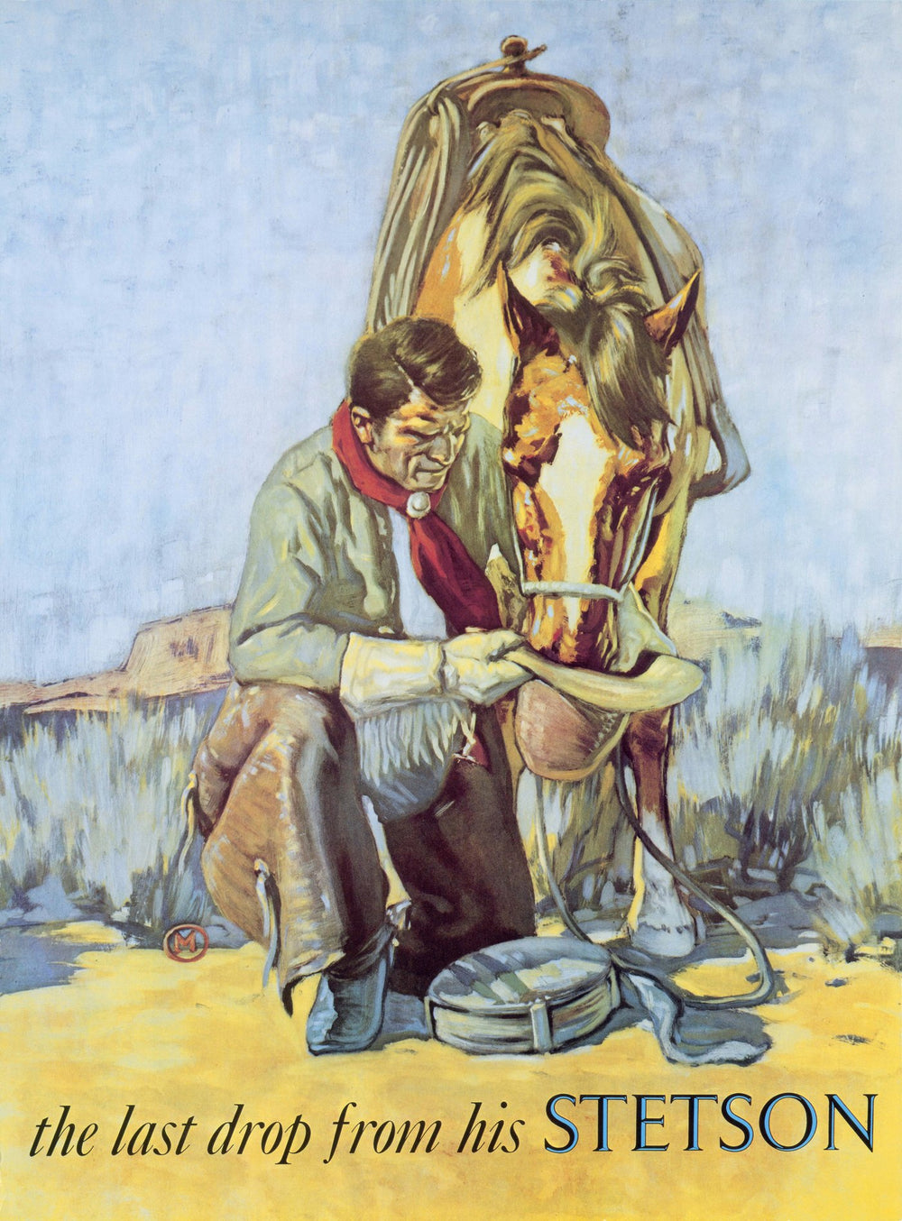 The Last Drop From His Stetson — a 1912 painting by Lon Megargee showing a cowboy kneeling to give his horse water from the brim of his hat