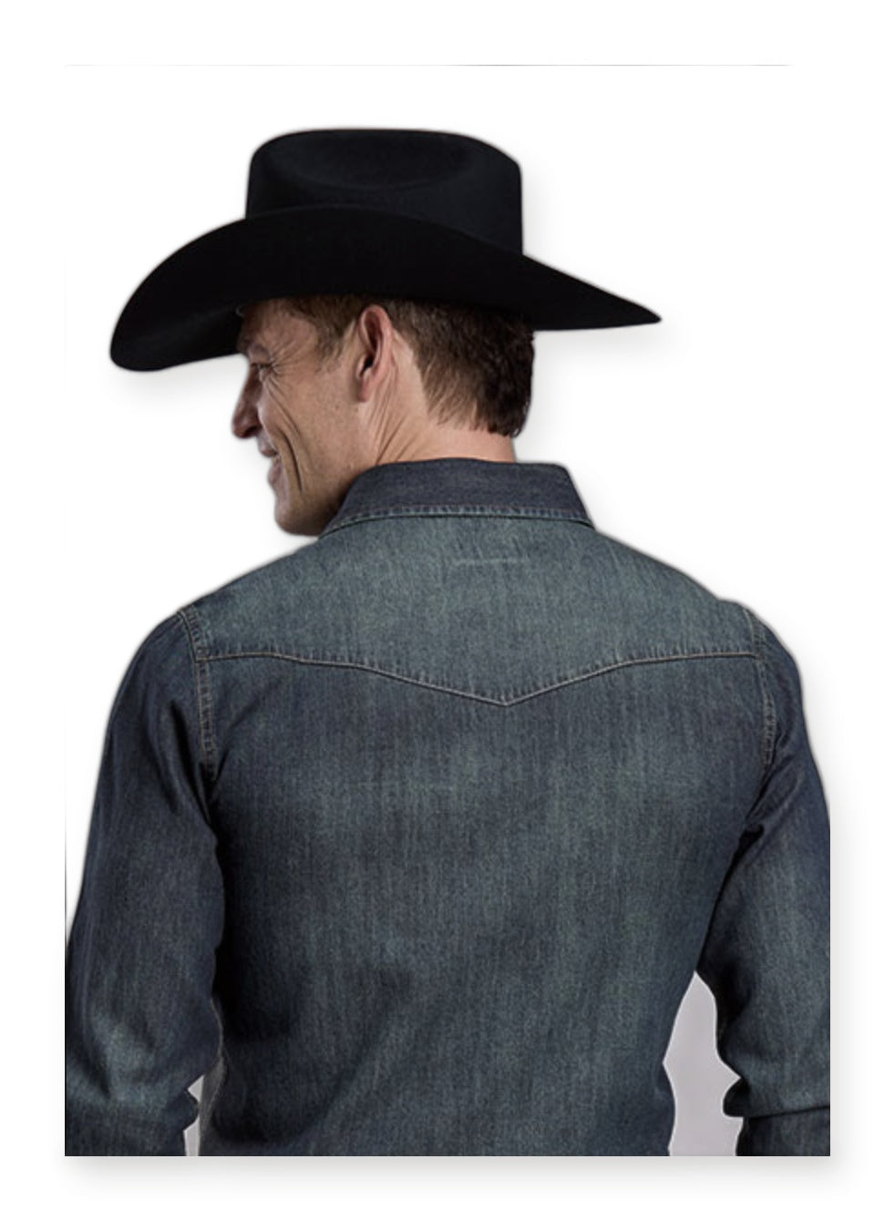 Back view of the Stetson dark dirty denim snap shirt showing the one-point back yoke