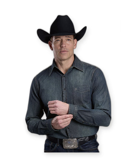 Man in a black cowboy hat wearing the Stetson dark dirty denim long-sleeve snap shirt, front view