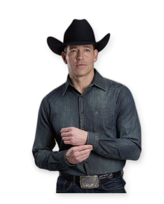 Man in a black cowboy hat wearing the Stetson dark dirty denim long-sleeve snap shirt, front view