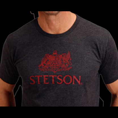 Stetson red crest logo graphic close-up on grey crew neck t-shirt