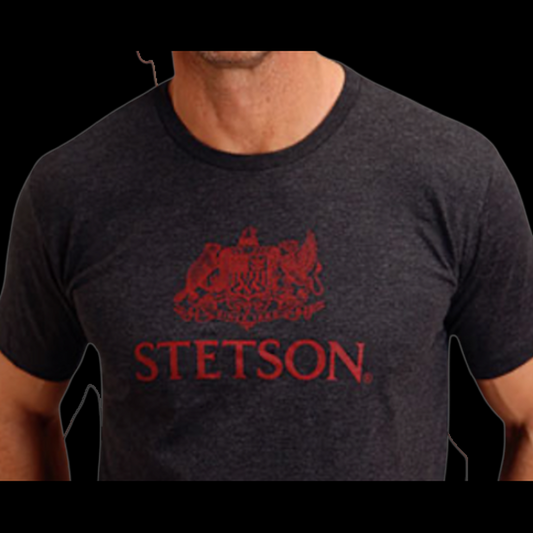 Stetson red crest logo graphic close-up on grey crew neck t-shirt alternate view